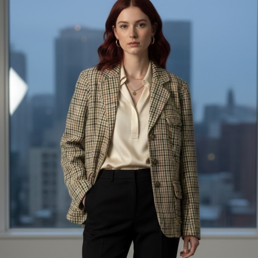 VTG Tommy Hilfiger size L plaid blazer jacket office quiet luxury academia